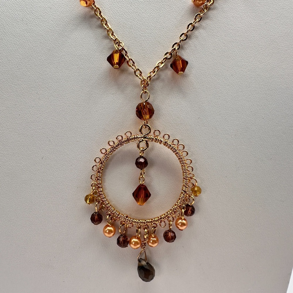 90s Vintage Amber Glass Gold Tone Round Pendant Necklace Boho Jewelry